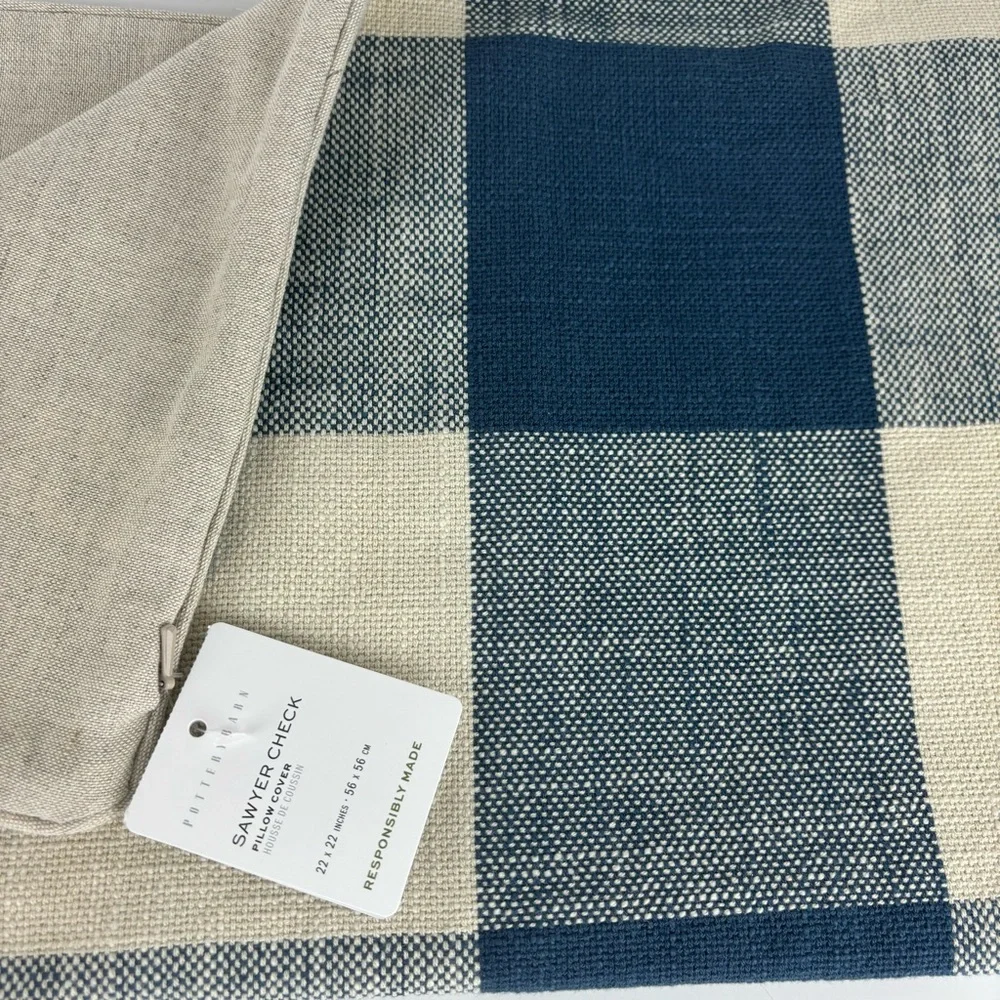Pottery Barn Sawyer Check in Cream& blue pillow cover-NWT - Picture 4 of 10